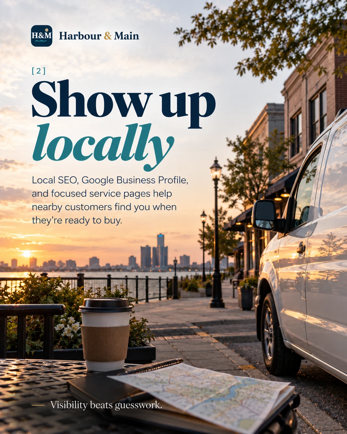 Show up locally. Local SEO, Google Business Profile and focused service pages help nearby customers find you when they’re ready to buy.